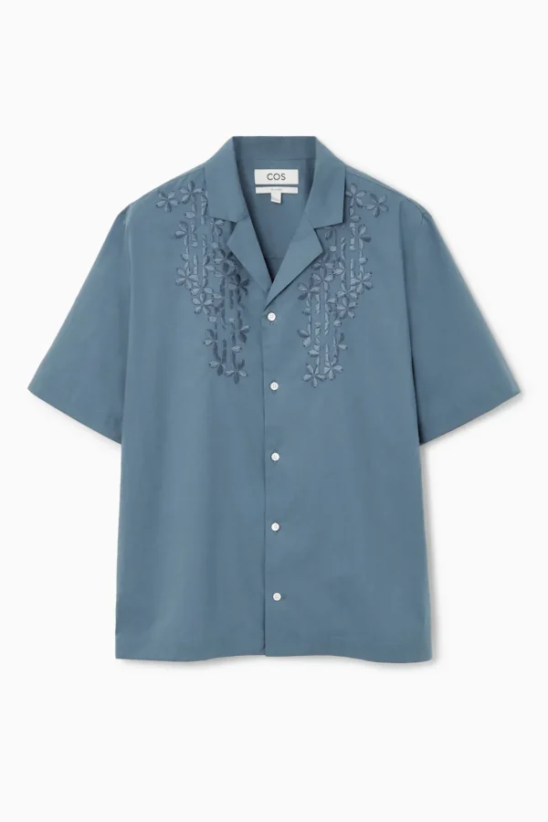 COS RELAXED FLORAL EMBROIDERED SHORT-SLEEVED SHIRT BLUE Hot