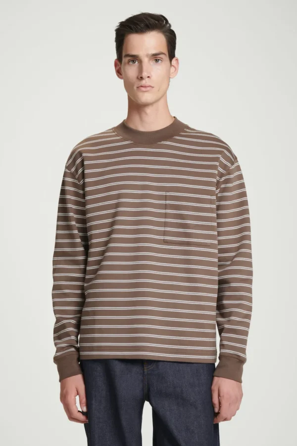 COS RELAXED MOCK-NECK COTTON LONG-SLEEVED T-SHIRT BROWN / OFF-WHITE Flash Sale