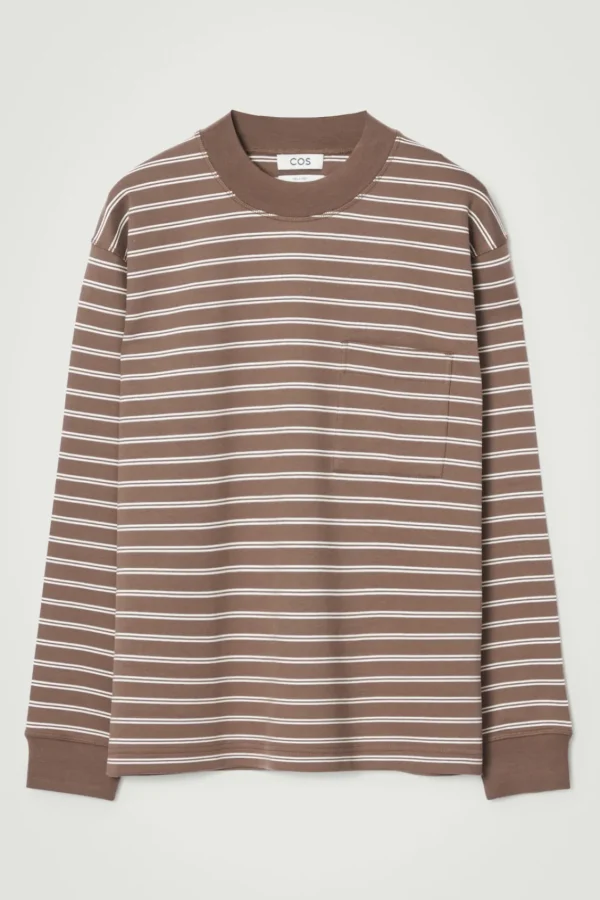 COS RELAXED MOCK-NECK COTTON LONG-SLEEVED T-SHIRT BROWN / OFF-WHITE Flash Sale