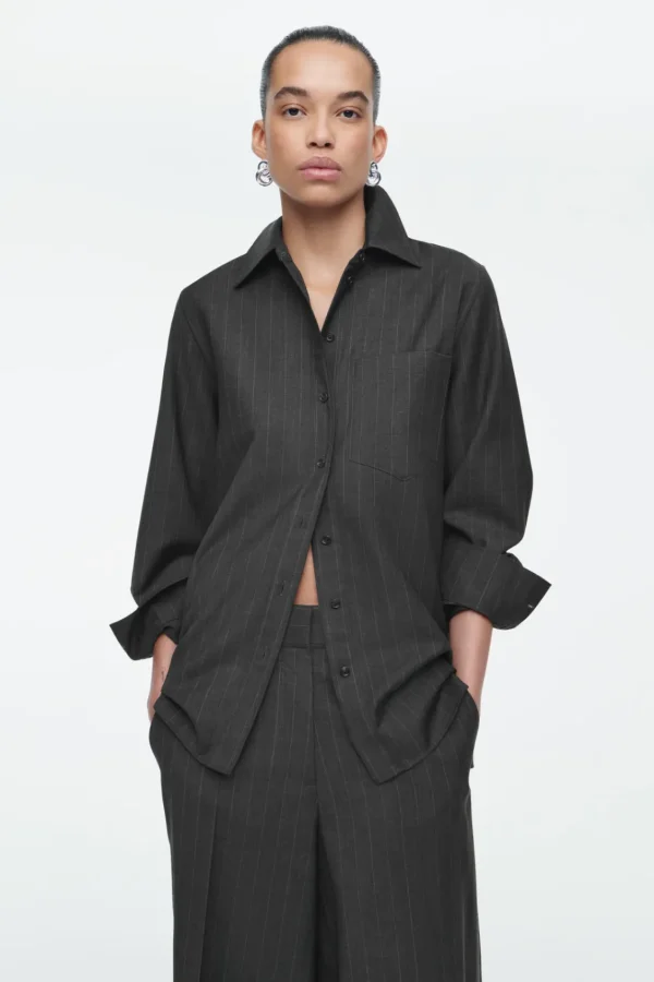 COS RELAXED PINSTRIPED WOOL SHIRT DARK GRAY / PINSTRIPED Hot