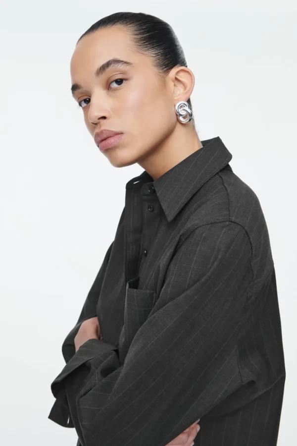 COS RELAXED PINSTRIPED WOOL SHIRT DARK GRAY / PINSTRIPED Hot