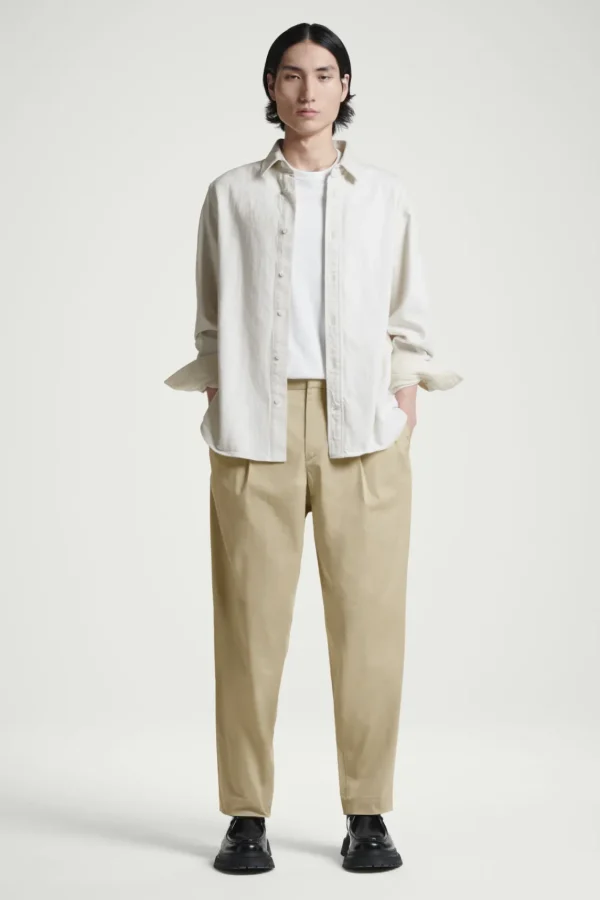 COS RELAXED PLEATED COTTON TAPERED PANTS BEIGE Fashion