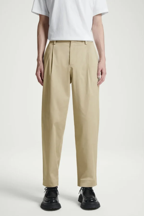 COS RELAXED PLEATED COTTON TAPERED PANTS BEIGE Fashion