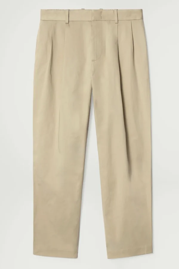 COS RELAXED PLEATED COTTON TAPERED PANTS BEIGE Fashion