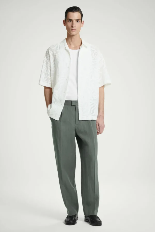 COS RELAXED PLEATED LINEN STRAIGHT-LEG PANTS GREEN Sale