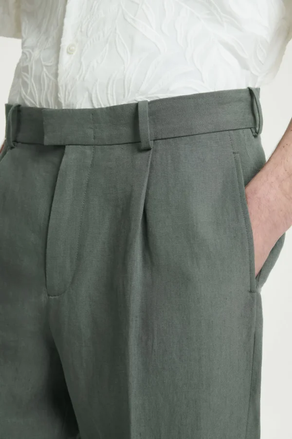 COS RELAXED PLEATED LINEN STRAIGHT-LEG PANTS GREEN Sale