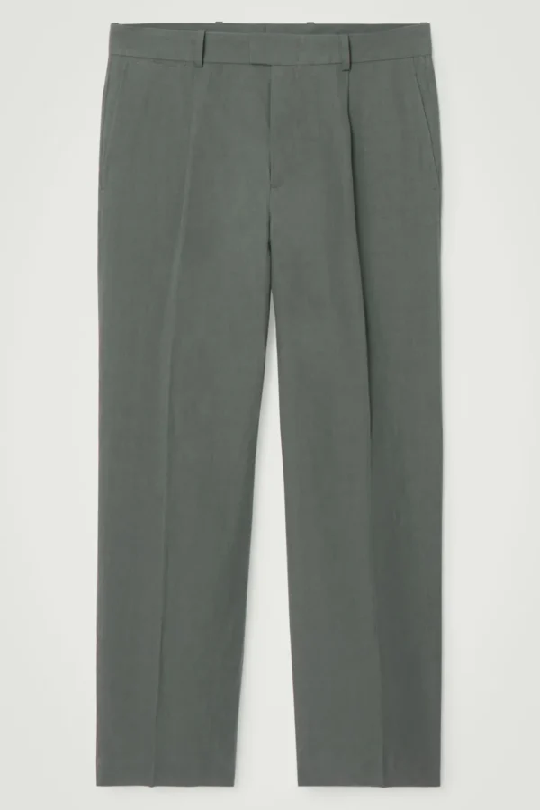 COS RELAXED PLEATED LINEN STRAIGHT-LEG PANTS GREEN Sale