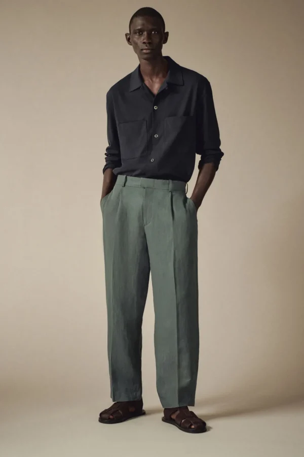 COS RELAXED PLEATED LINEN STRAIGHT-LEG PANTS GREEN Sale