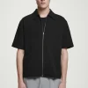 COS RELAXED SEERSUCKER COTTON ZIPPED SHIRT BLACK Flash Sale