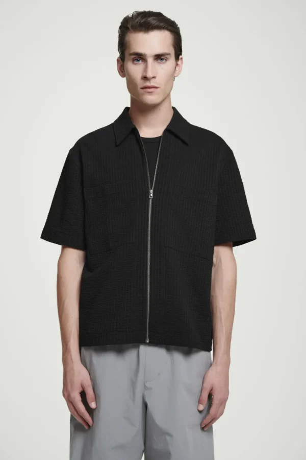 COS RELAXED SEERSUCKER COTTON ZIPPED SHIRT BLACK Flash Sale