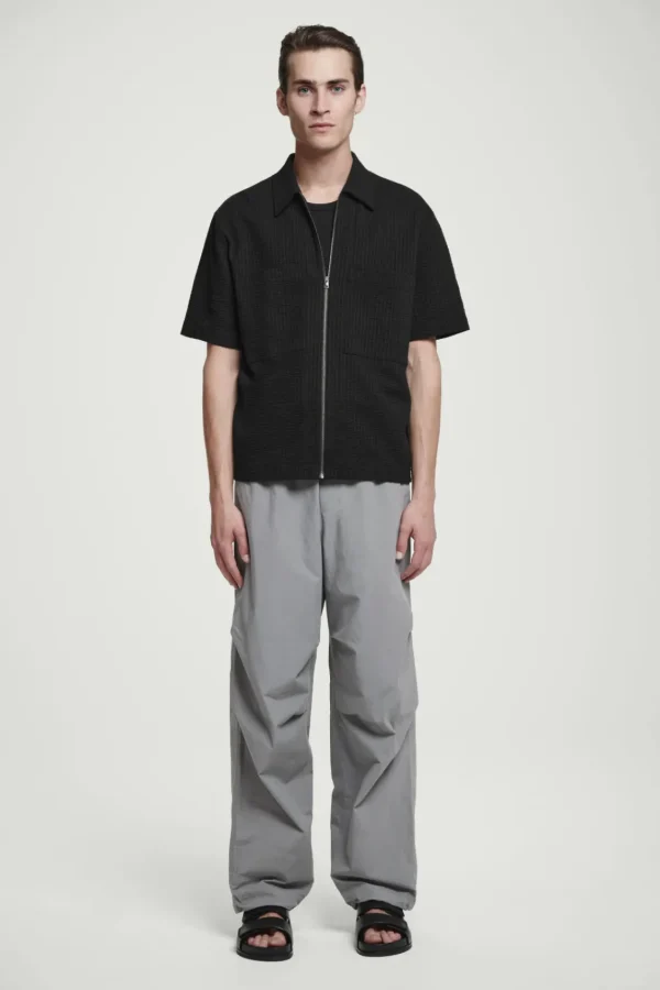 COS RELAXED SEERSUCKER COTTON ZIPPED SHIRT BLACK Flash Sale