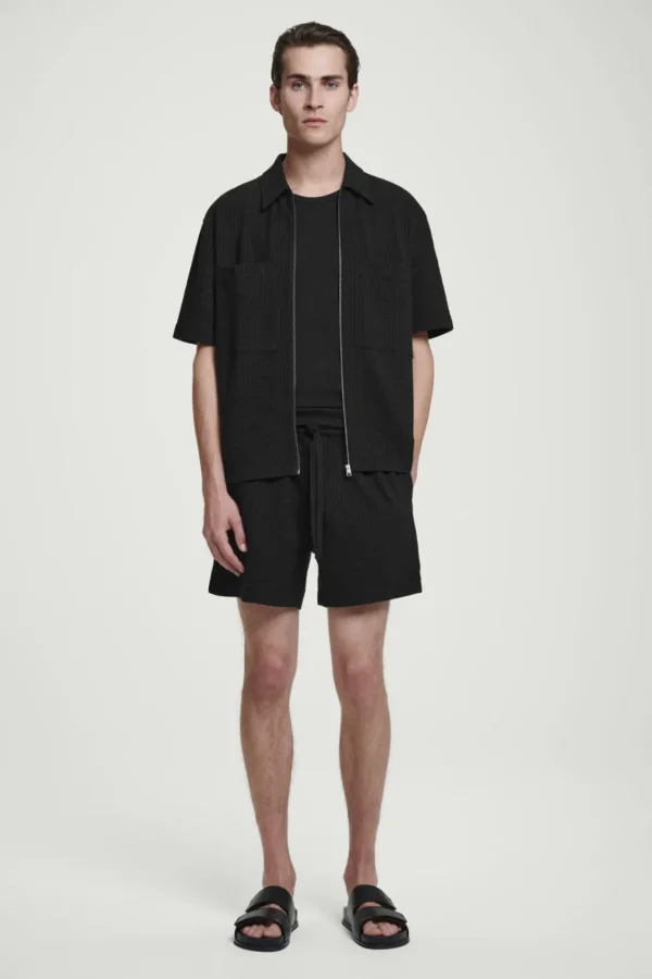 COS RELAXED SEERSUCKER COTTON ZIPPED SHIRT BLACK Flash Sale