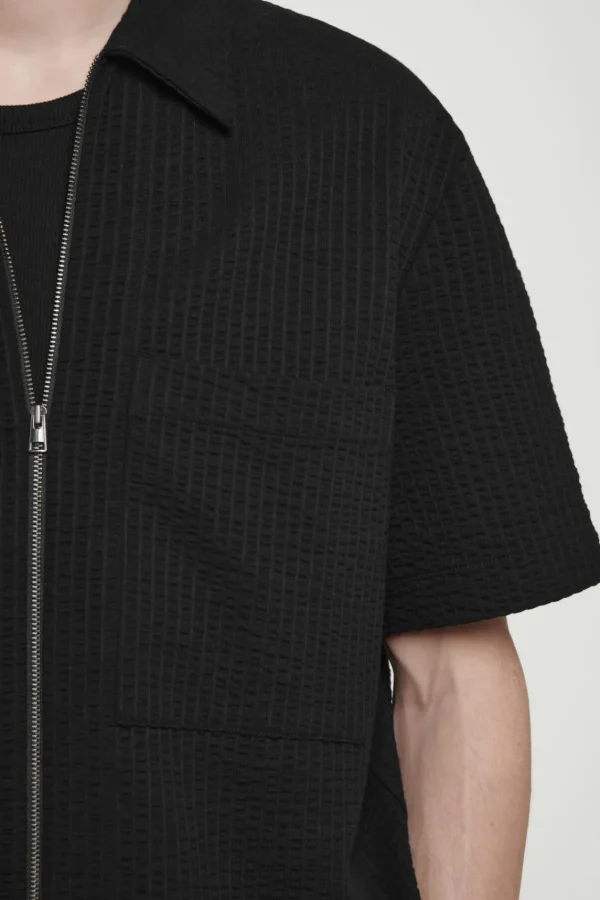 COS RELAXED SEERSUCKER COTTON ZIPPED SHIRT BLACK Flash Sale