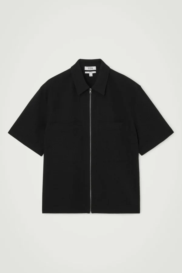 COS RELAXED SEERSUCKER COTTON ZIPPED SHIRT BLACK Flash Sale