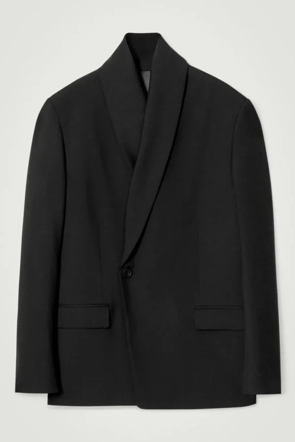 COS RELAXED SHAWL-COLLAR WOOL-HOPSACK BLAZER BLACK Flash Sale