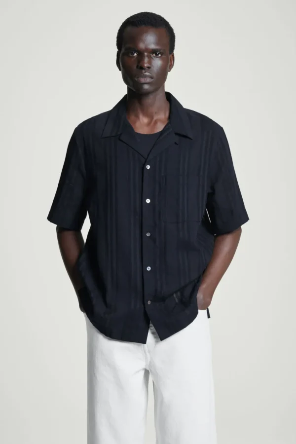 COS RELAXED STRIPE-JACQUARD COTTON SHORT-SLEEVED SHIRT NAVY BLUE Online