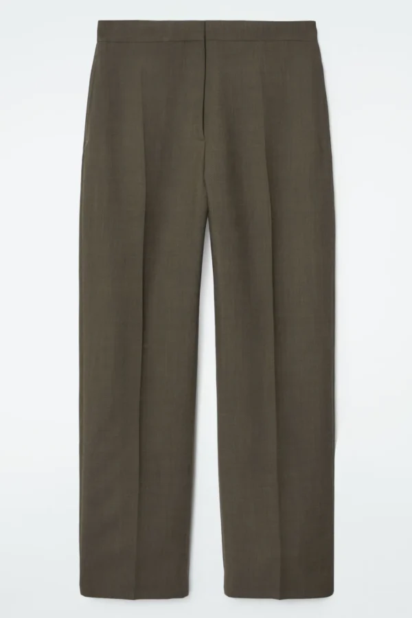 COS RELAXED WOOL BARREL-LEG PANTS DARK KHAKI Outlet