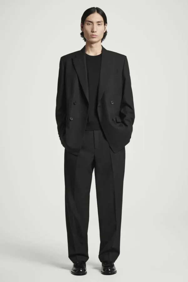 COS RELAXED WOOL-HOPSACK STRAIGHT-LEG PANTS BLACK Best Sale