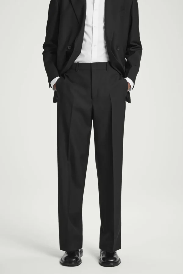 COS RELAXED WOOL-HOPSACK STRAIGHT-LEG PANTS BLACK Best Sale