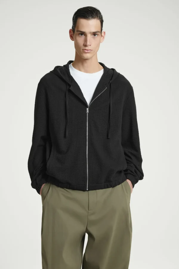 COS RIBBED JERSEY ZIP-UP HOODIE BLACK Best Sale