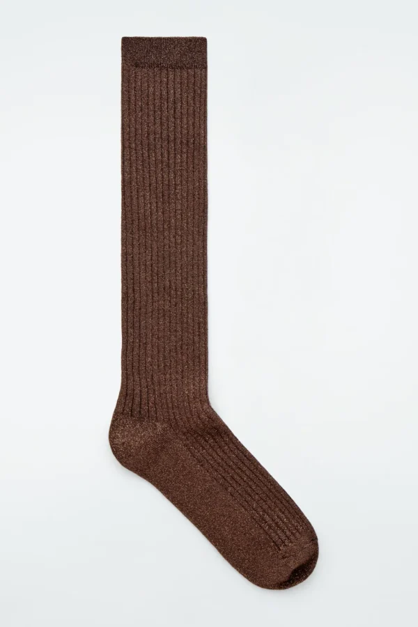 COS RIBBED LUREX KNEE SOCKS BROWN Discount