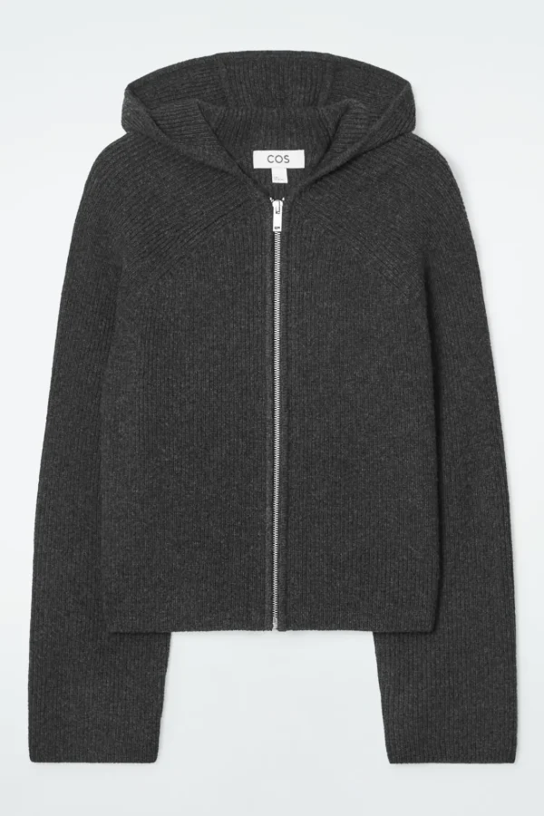 COS RIBBED MERINO WOOL HOODED JACKET CHARCOAL Store