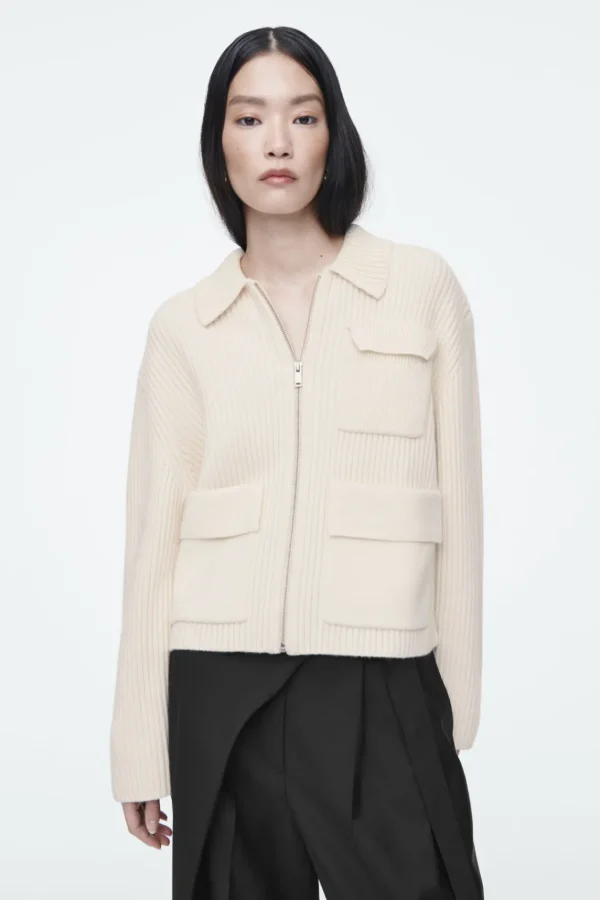 COS RIBBED MERINO WOOL UTILITY JACKET CREAM Store