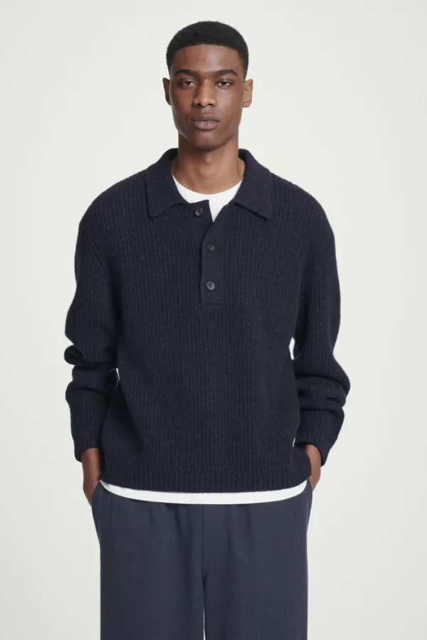 COS RIBBED WOOL AND CASHMERE-BLEND POLO SHIRT NAVY Cheap