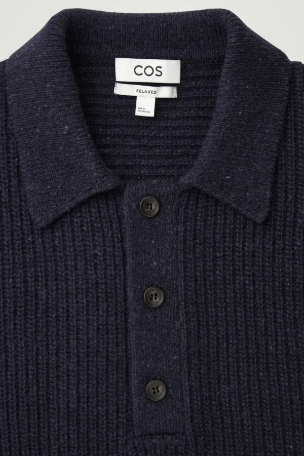 COS RIBBED WOOL AND CASHMERE-BLEND POLO SHIRT NAVY Cheap