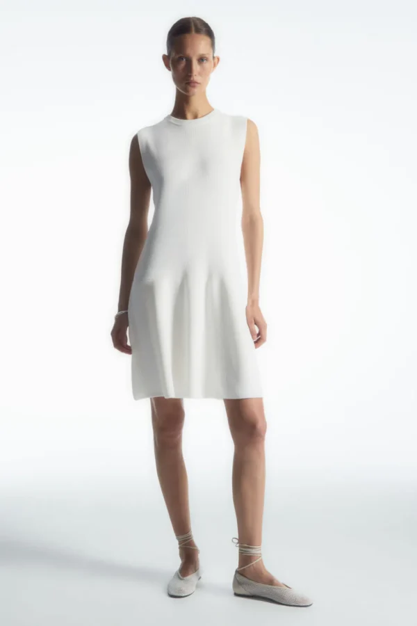 COS RIBBED-KNIT DROPPED-WAIST MINI DRESS WHITE Flash Sale