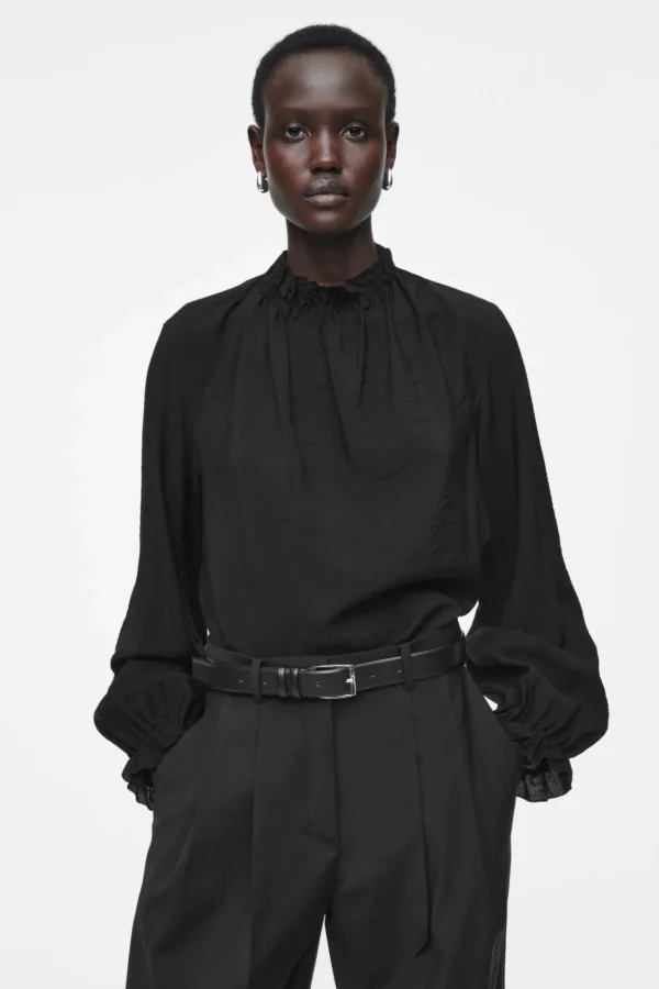 COS RUFFLED HIGH-NECK BLOUSE BLACK Cheap