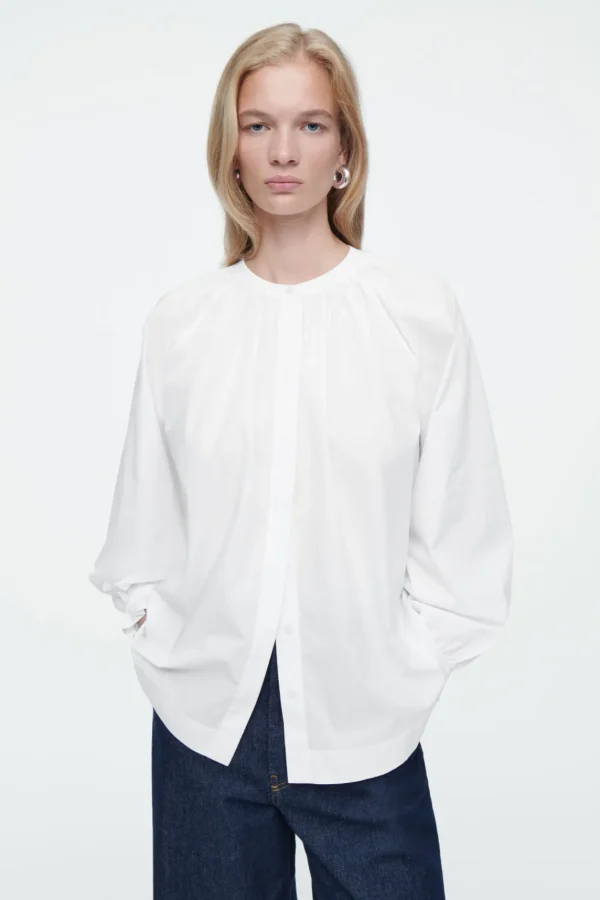 COS RUFFLED-CUFF GATHERED BLOUSE WHITE Best Sale