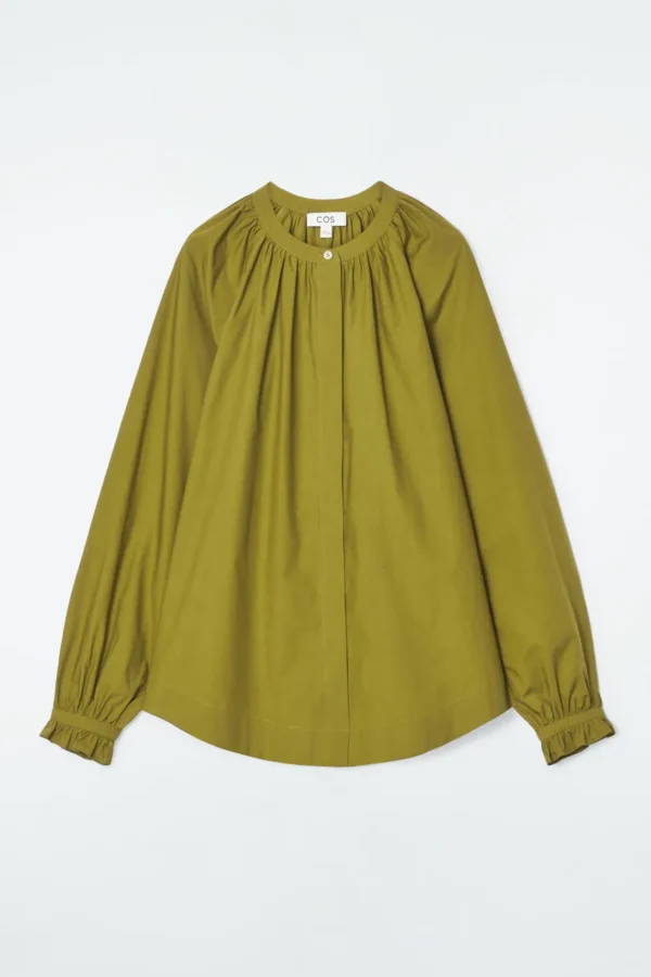 COS RUFFLED-CUFF GATHERED BLOUSE OLIVE GREEN Flash Sale