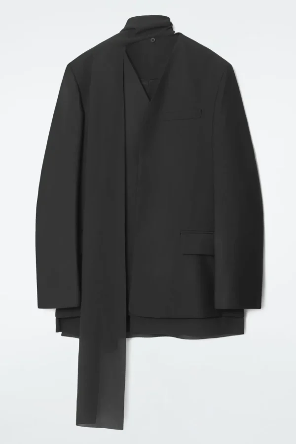 COS SCARF-DETAIL WOOL BLAZER BLACK Best Sale