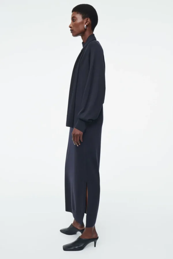 COS SCARF-DETAIL WOOL MAXI DRESS NAVY Discount