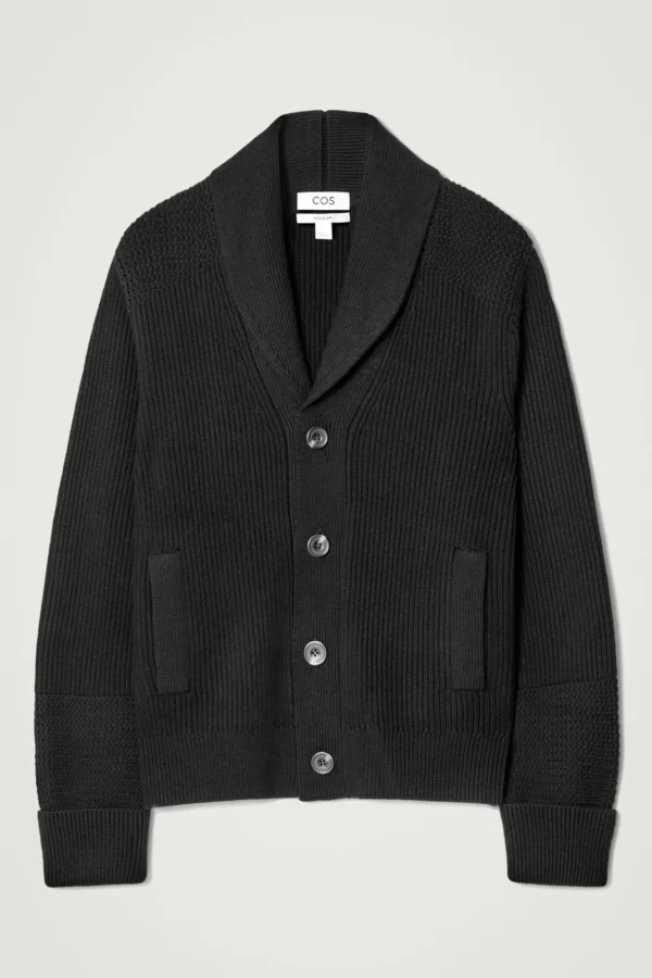 COS SHAWL-COLLAR CHUNKY MERINO WOOL CARDIGAN BLACK Cheap