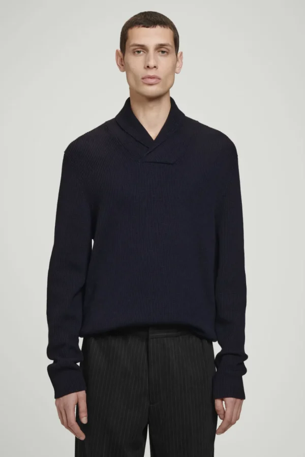 COS SHAWL-COLLAR RIBBED MERINO WOOL JUMPER NAVY Outlet