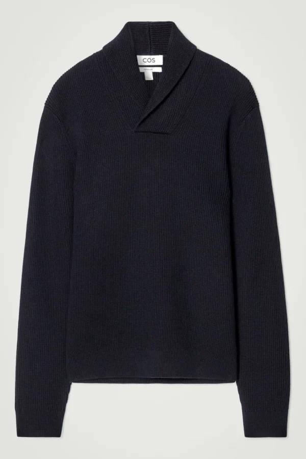 COS SHAWL-COLLAR RIBBED MERINO WOOL JUMPER NAVY Outlet