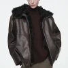 COS SHEARLING-LINED NAPPA HOODED JACKET DARK BROWN Hot