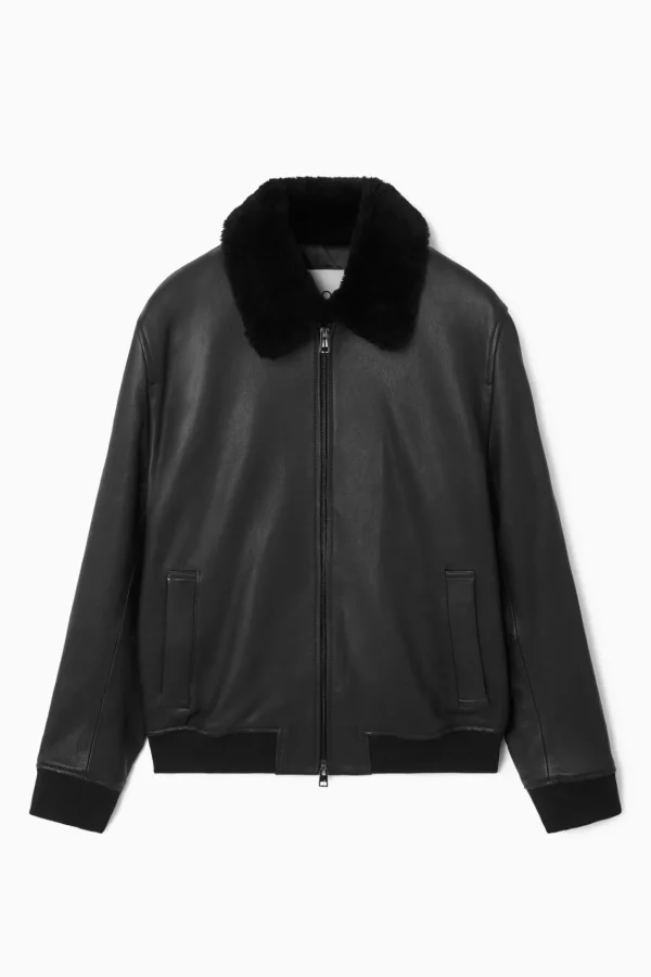 COS SHEARLING-TRIMMED LEATHER BOMBER JACKET BLACK Hot