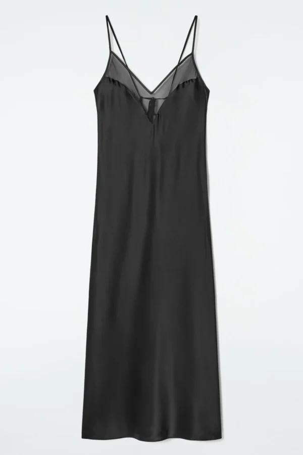 COS SHEER-PANEL SILK SLIP DRESS BLACK Store