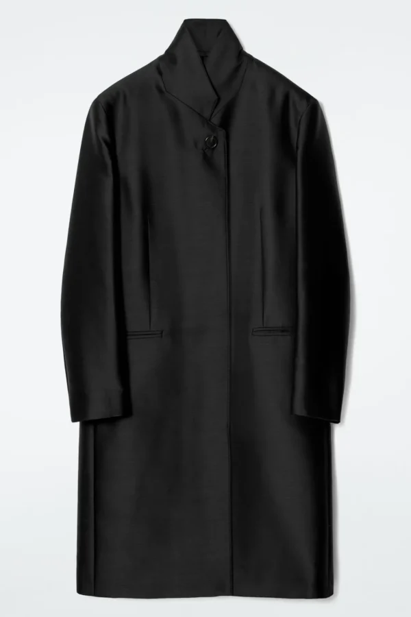 COS SINGLE-BREASTED WOOL-SATIN COAT BLACK Clearance