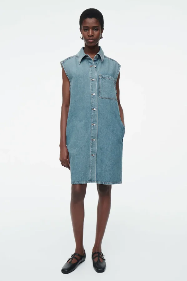 COS SLEEVELESS DENIM MINI SHIRT DRESS BLUE Flash Sale