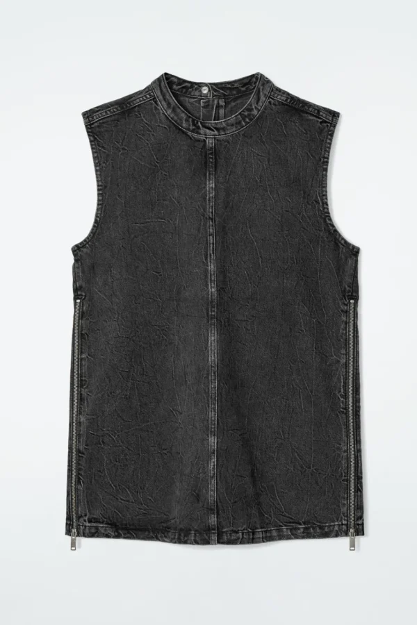 COS SLEEVELESS ZIP-UP DENIM TOP CRINKLED BLACK Sale