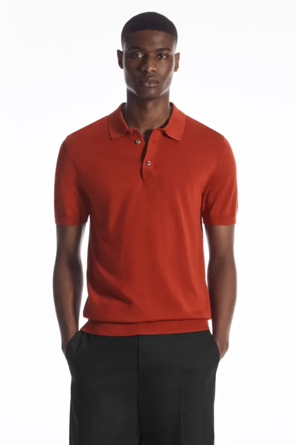 COS SLIM KNITTED SILK POLO SHIRT RUST RED Hot