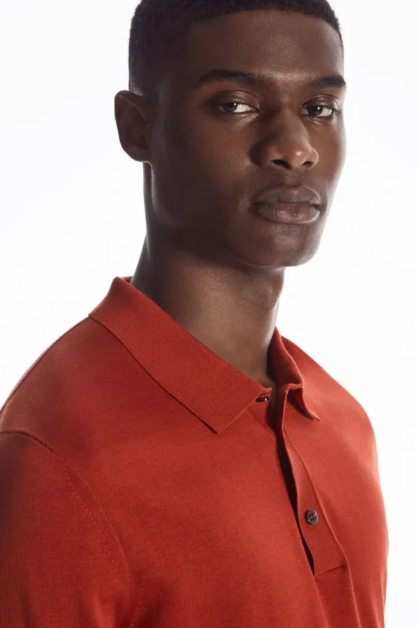 COS SLIM KNITTED SILK POLO SHIRT RUST RED Hot