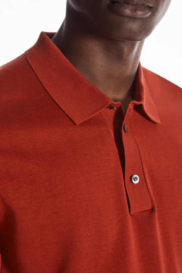 COS SLIM KNITTED SILK POLO SHIRT RUST RED Hot