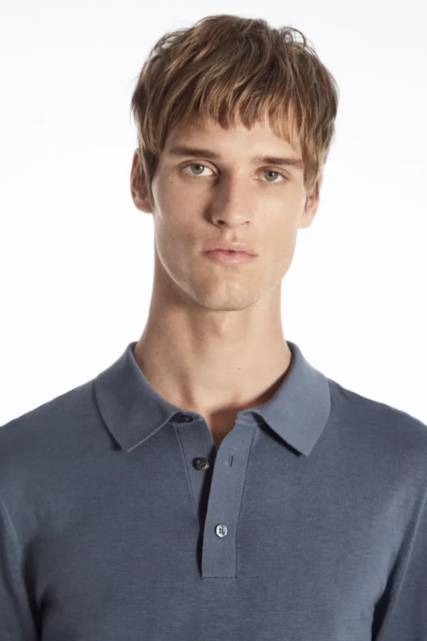 COS SLIM KNITTED SILK POLO SHIRT DUSTY BLUE Cheap