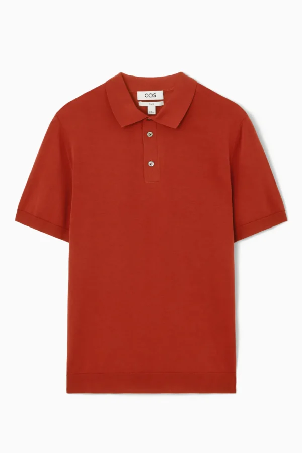 COS SLIM KNITTED SILK POLO SHIRT RUST RED Hot