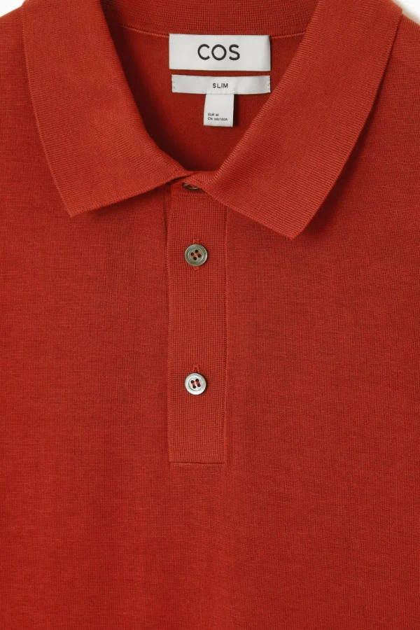 COS SLIM KNITTED SILK POLO SHIRT RUST RED Hot